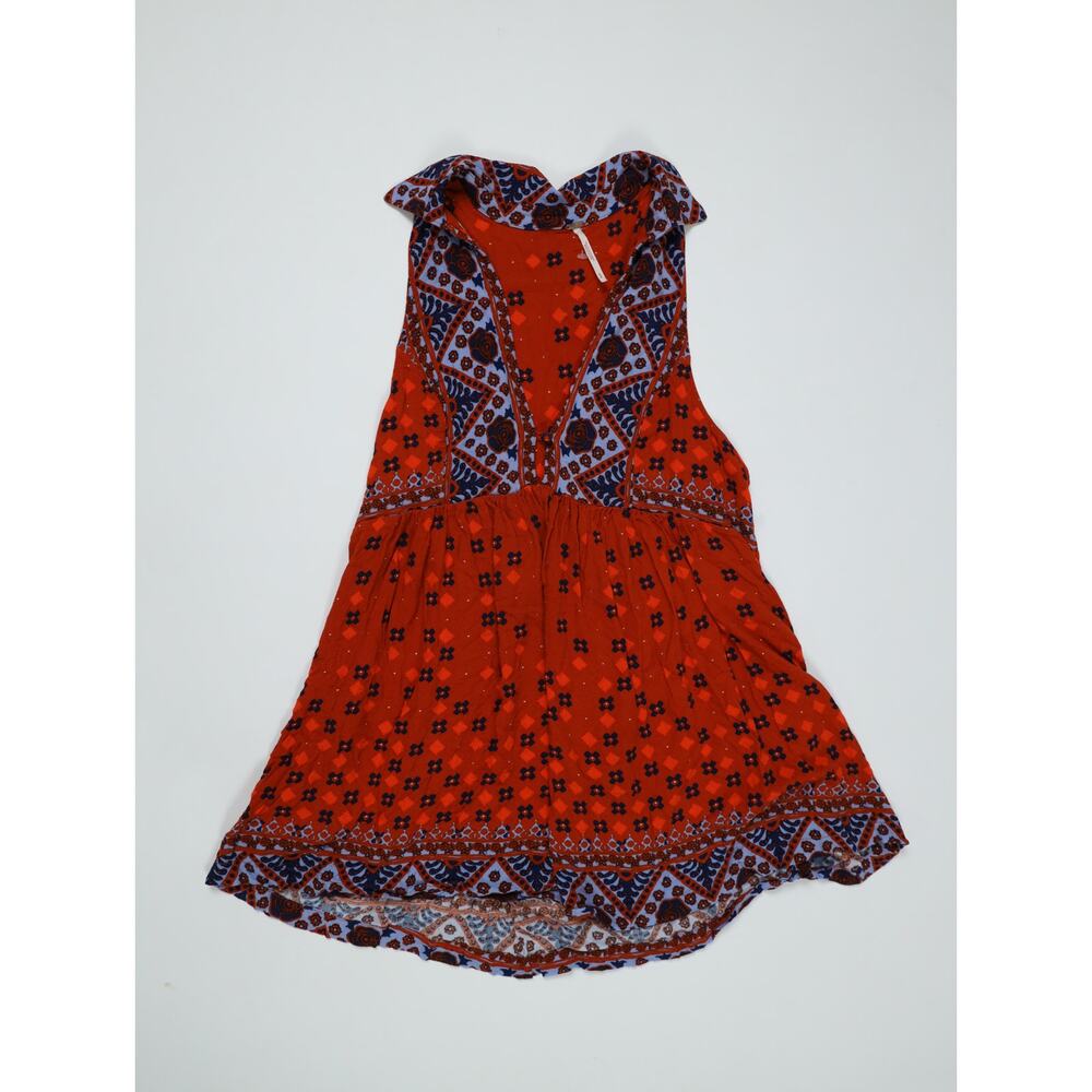 Free People Boho Tunic Dress Medium Red Paisley Printed Mini Collar Button Front - Picture 9 of 14